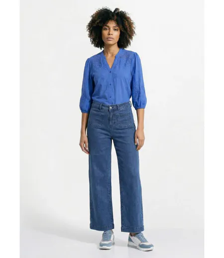 Chemisier long coton brodé manches 3/4