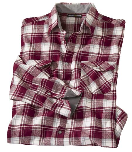  Men's Burgundy Checked Flannel Shirt - Long Sleeves