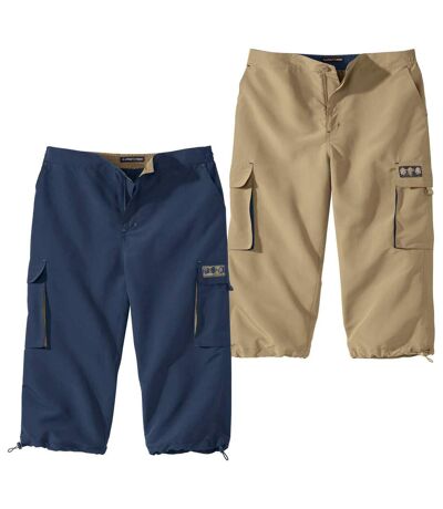 Pack of 2 Men's Cropped Microfibre Trousers - Beige Navy