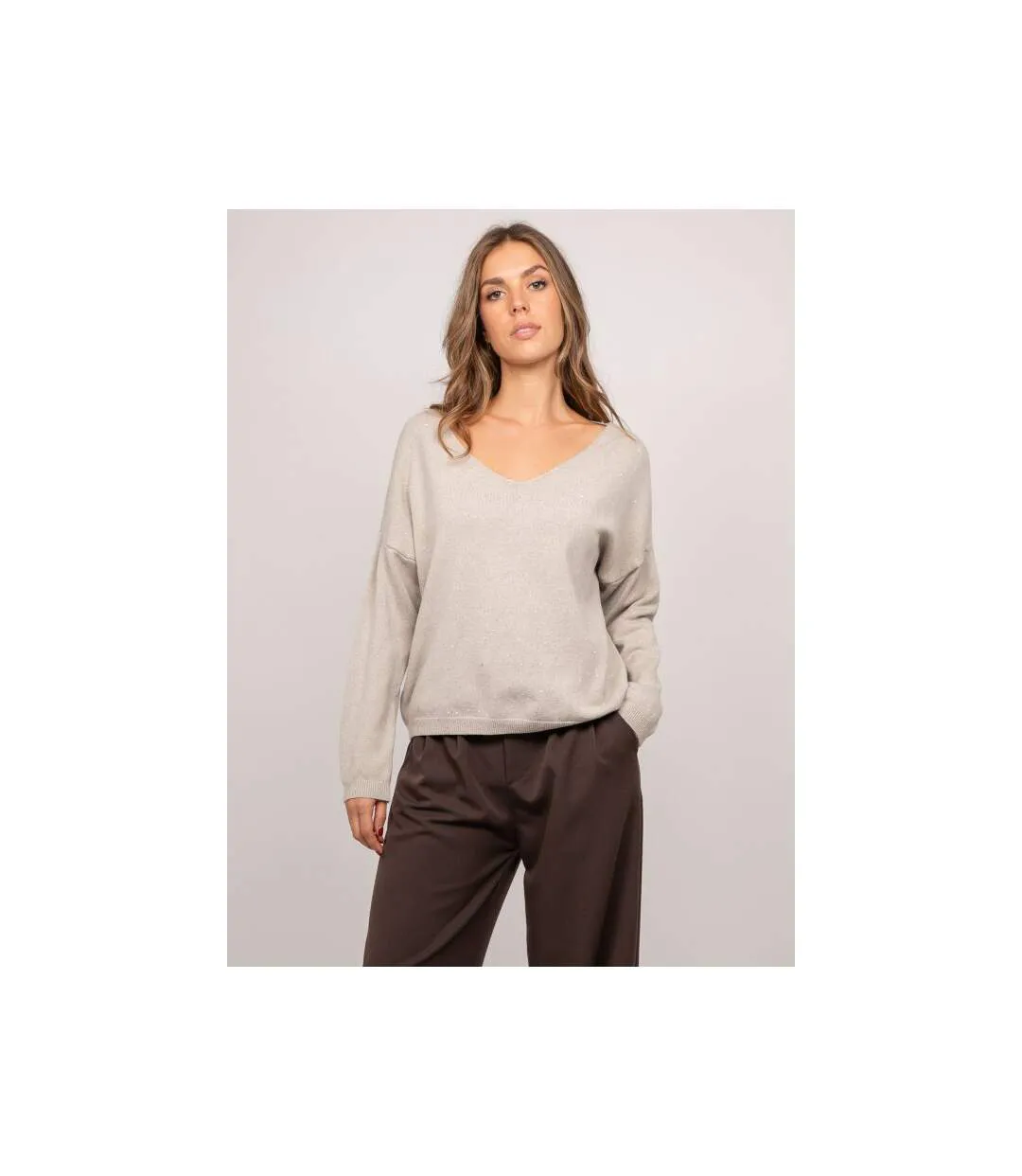 Pull maille fine col V paillettes KORAKA - Dona X Lisa-1