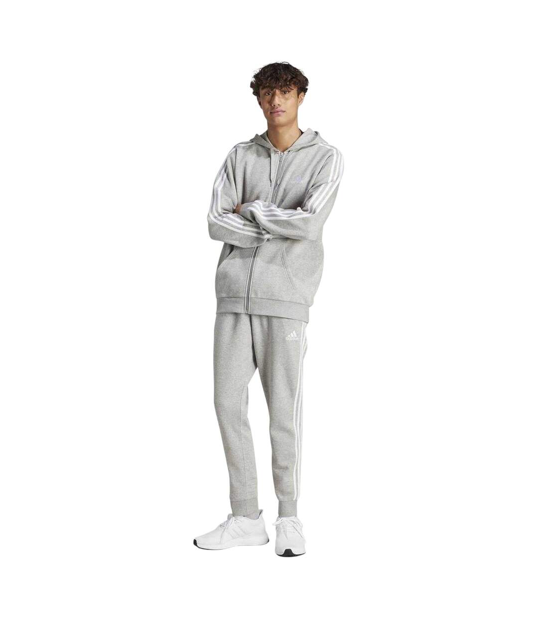Mens 3 Stripes Fleece Tracksuit Grey Black Adidas-2