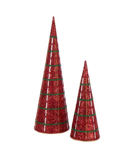 Lot de 2 Cônes de Noël Perles 40cm Rouge