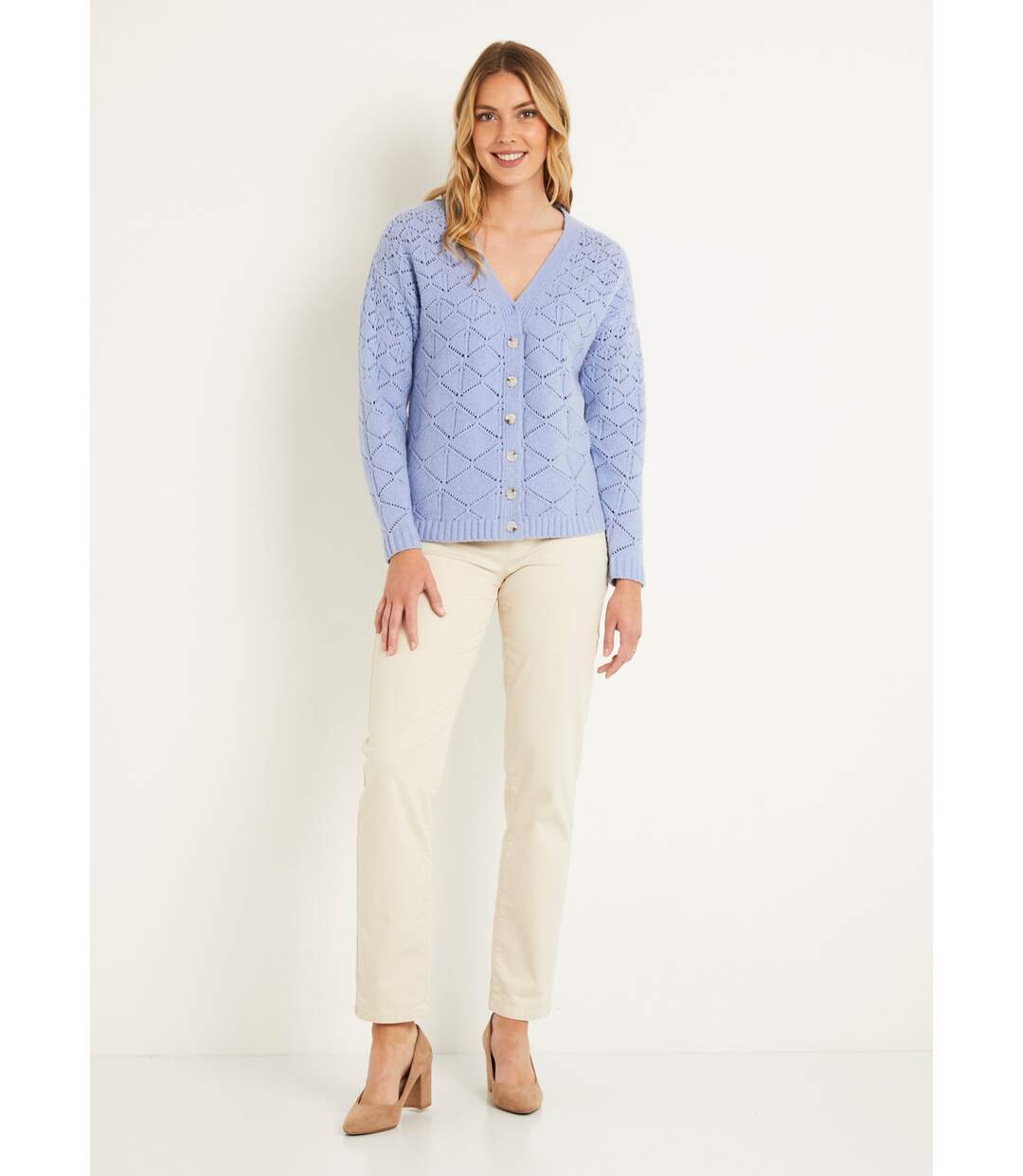 Gilet court ajouré col V boutonné uni-3