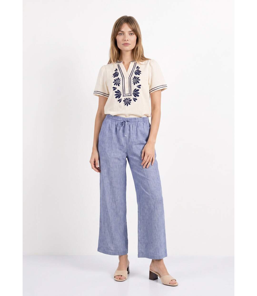 Pantalon large chiné élastiqué avec lin-3