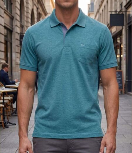 CHALLENGER RUSTICO5 : Polo manches courtes bleu turquoise chiné en maille piquée 100% coton