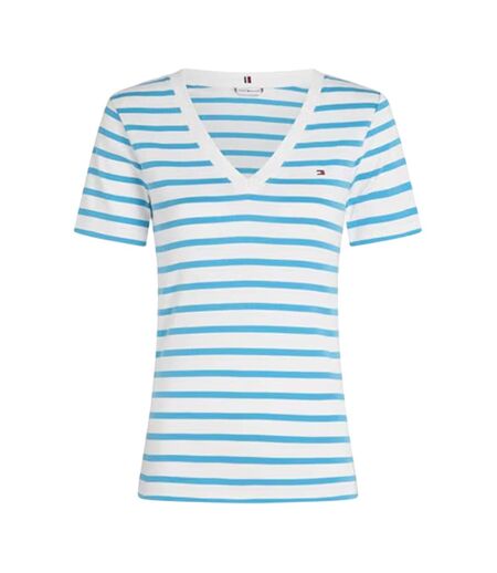 Womens/ladies Striped Cotton T-shirt Ecru Blue Tommy Hilfiger