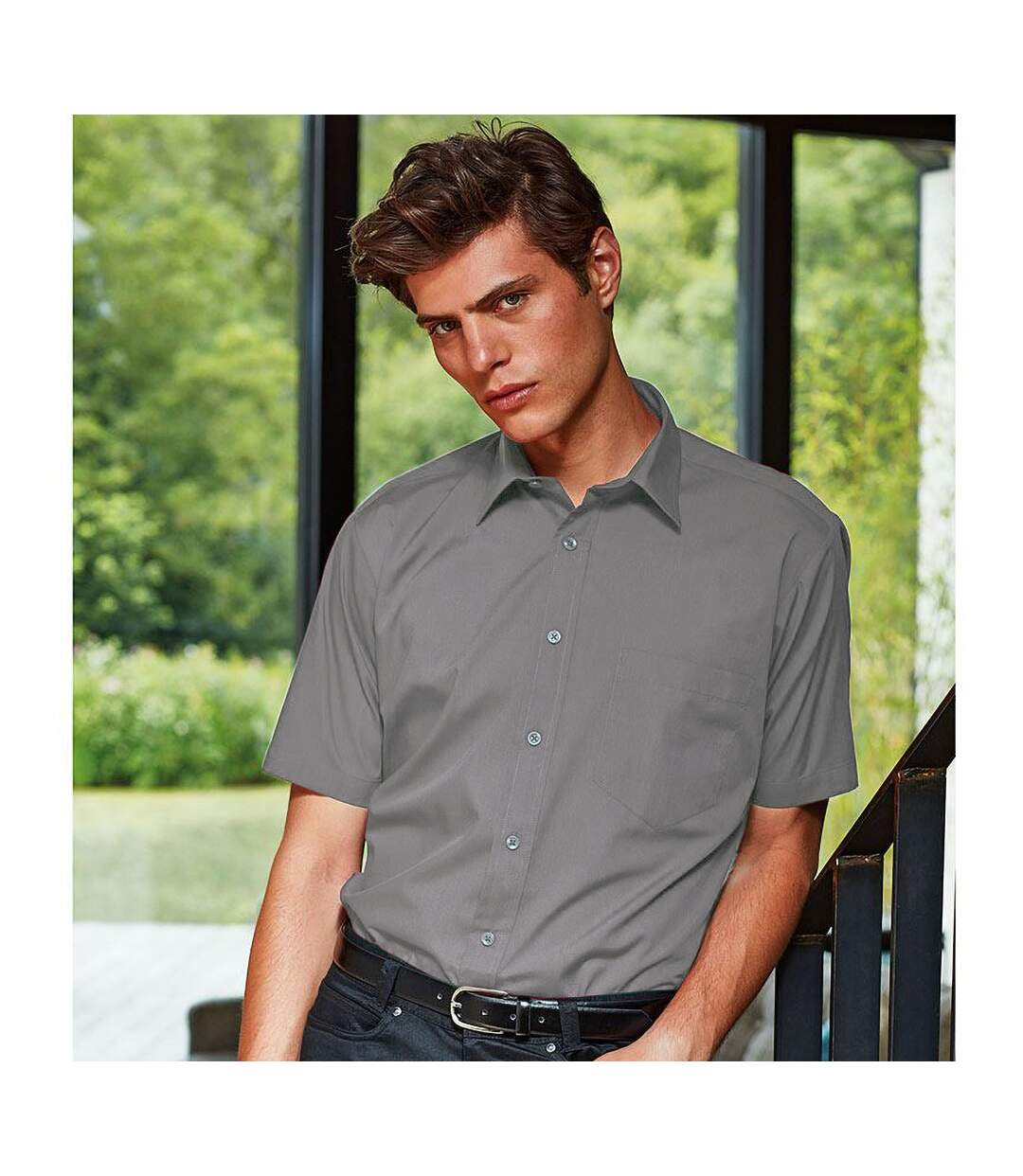 Mens short sleeve formal poplin plain work shirt dark gray Premier