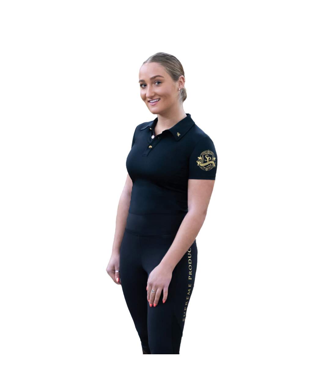 Womens/ladies Active Show Rider Polo Shirt Black Gold Supreme Products-1