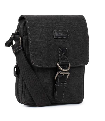 Sacoche bandoulière homme en toile et cuir noir - multi-poches - poignée et bandoulière réglable