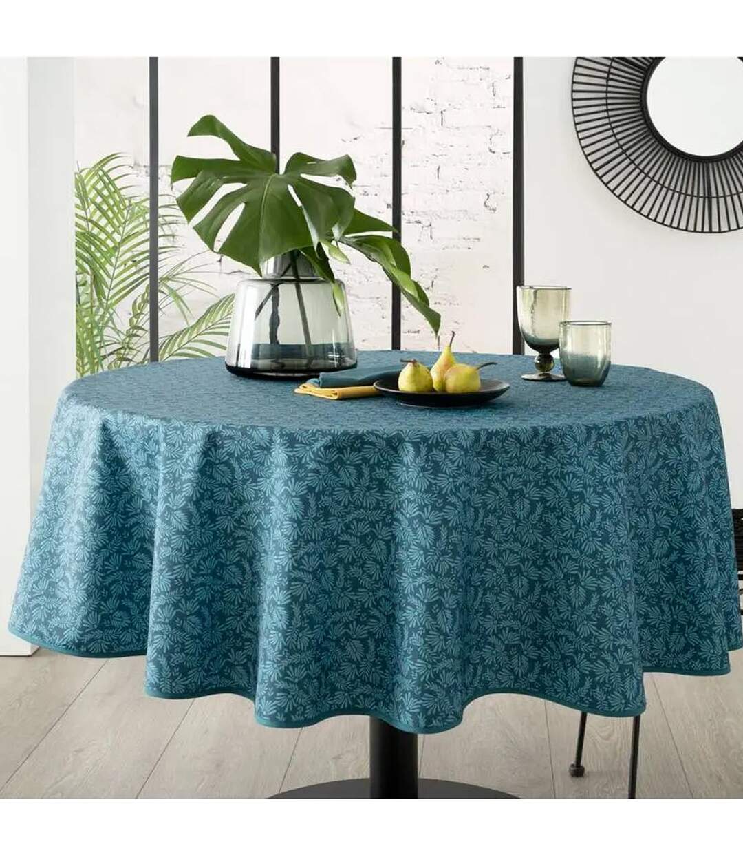 Nappe Ronde Imprimé Feuille 180cm Bleu-2