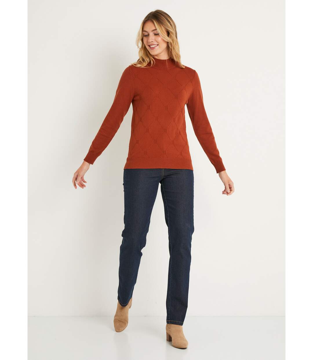 Pull doux uni col montant modal mélangé-3
