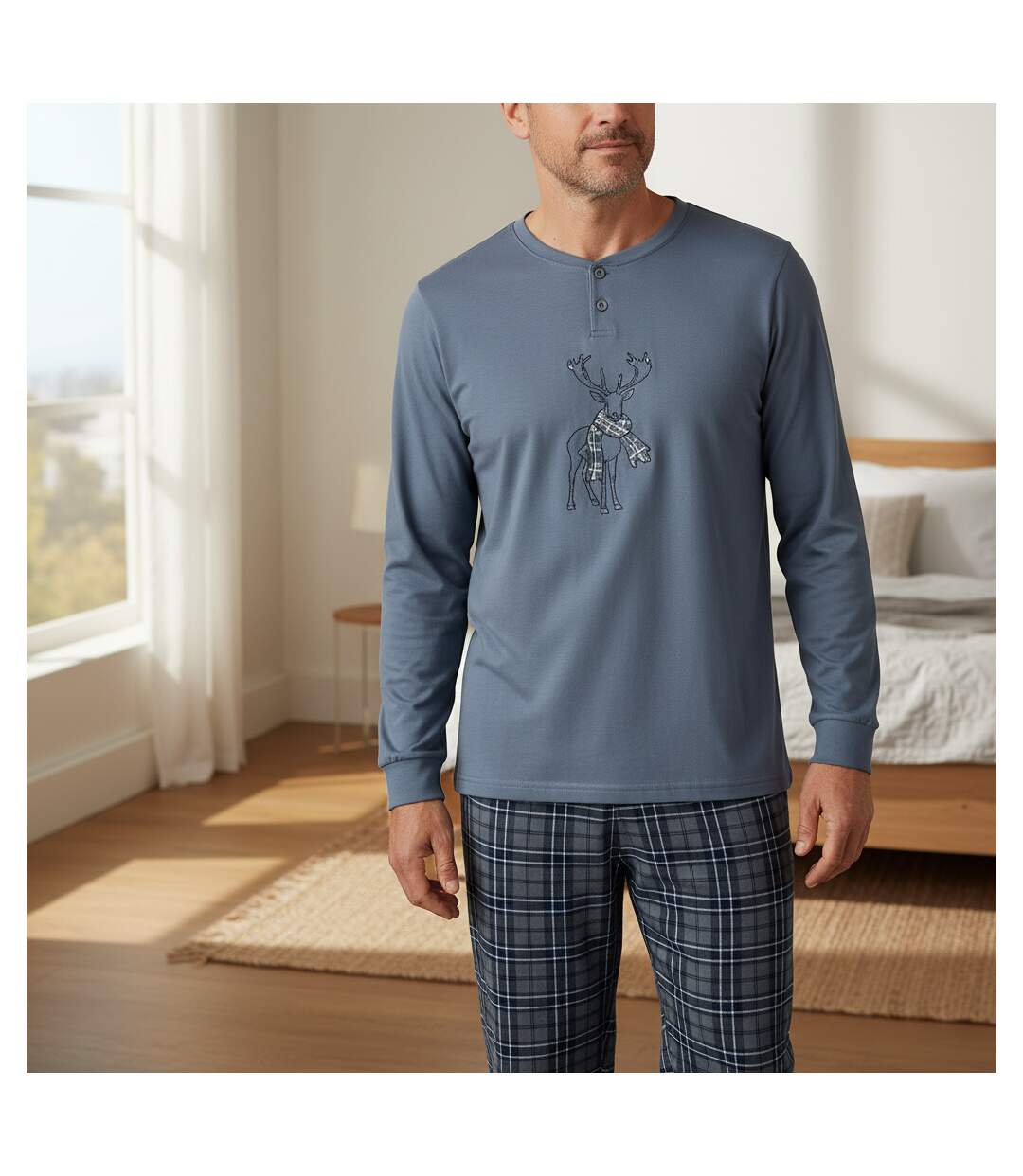 OZABI Ensemble Pyjama Homme Coton Majoritaire Broderie Cerf Écossais-2