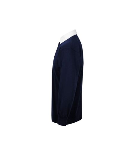 Long Sleeve Classic Rugby Polo Shirt Navy White Front Row