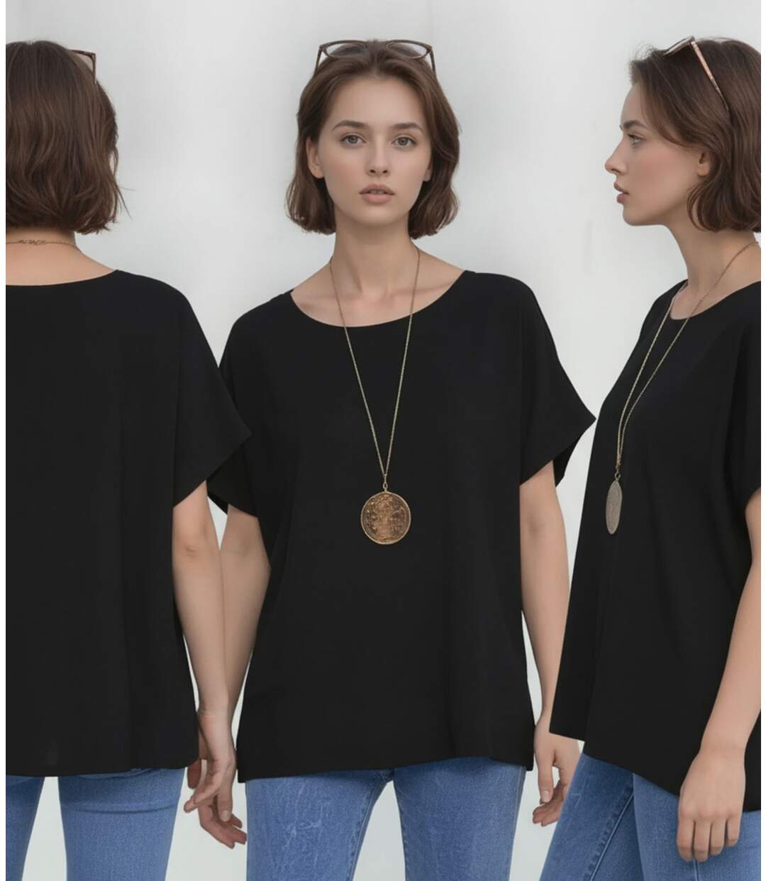 Tee-shirt femme noir col rond manches courtes coupe ample-2