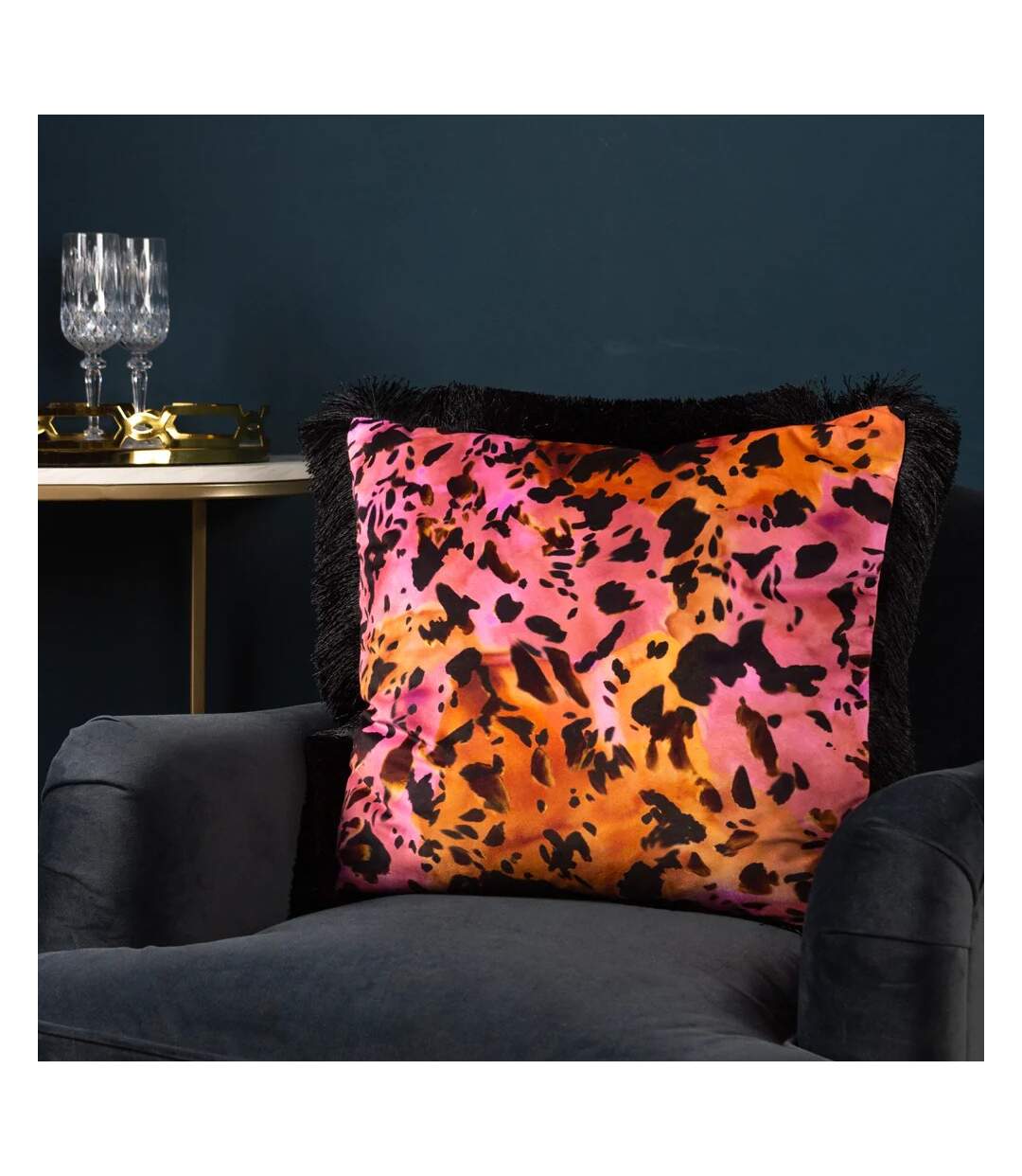 Colette fringed satin animal print cushion cover 45cm x 45cm multicoloured Paoletti