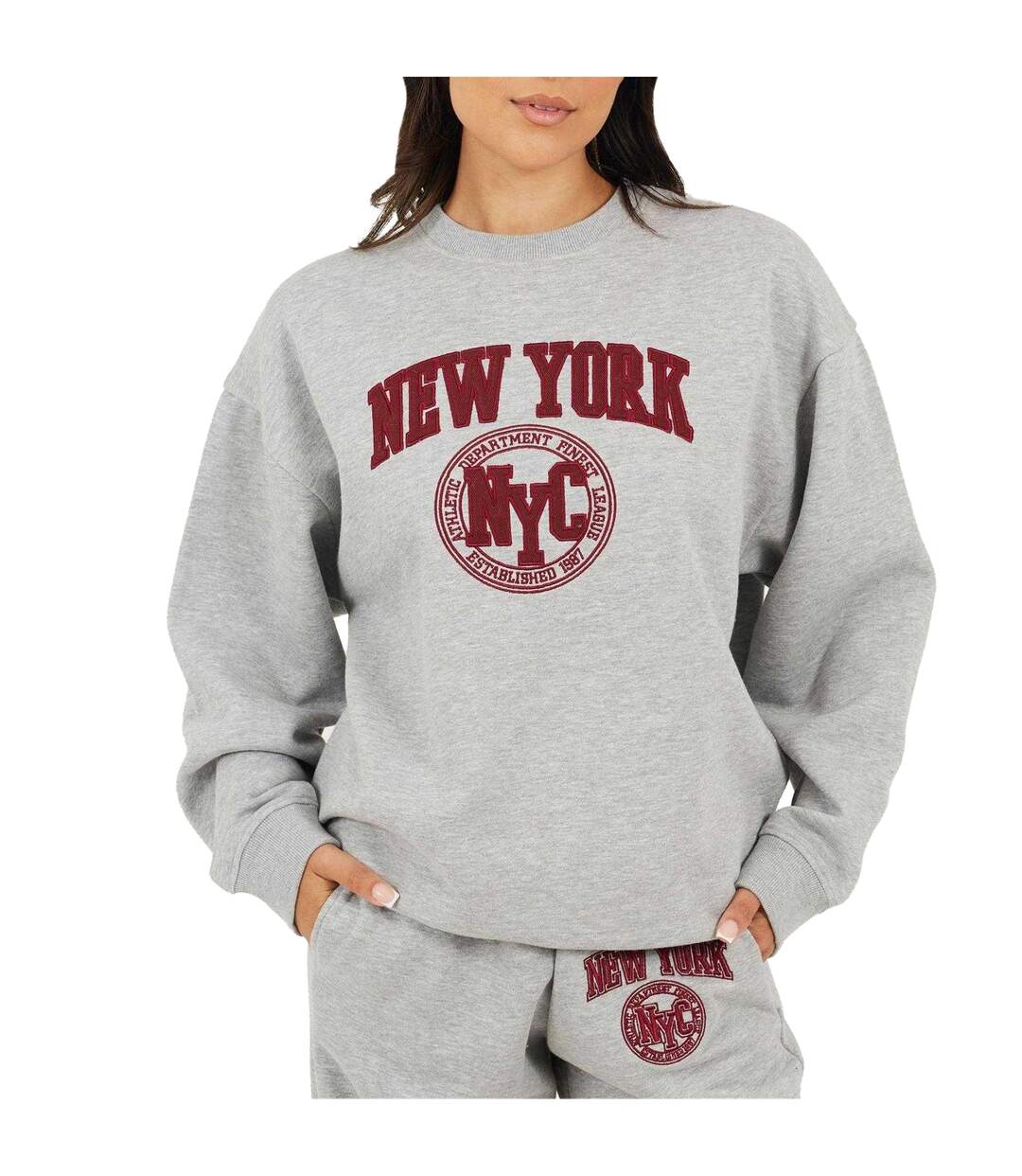 Womens/ladies New York Embroidered Sweatshirt Grey Marl Red Brave Soul-2
