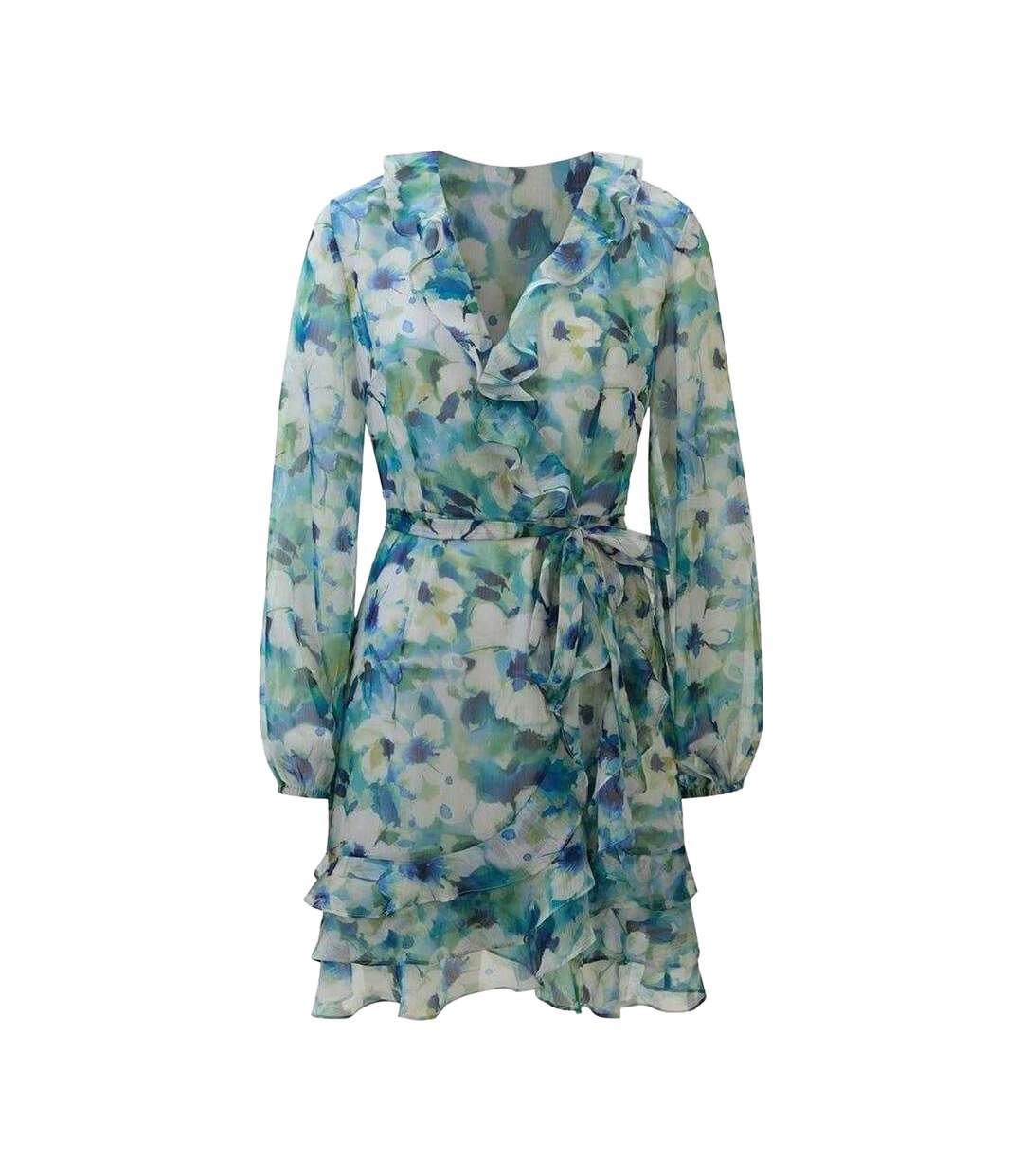 Womens/ladies Frill Chiffon Wrap Dress Blue Green Bardot-2