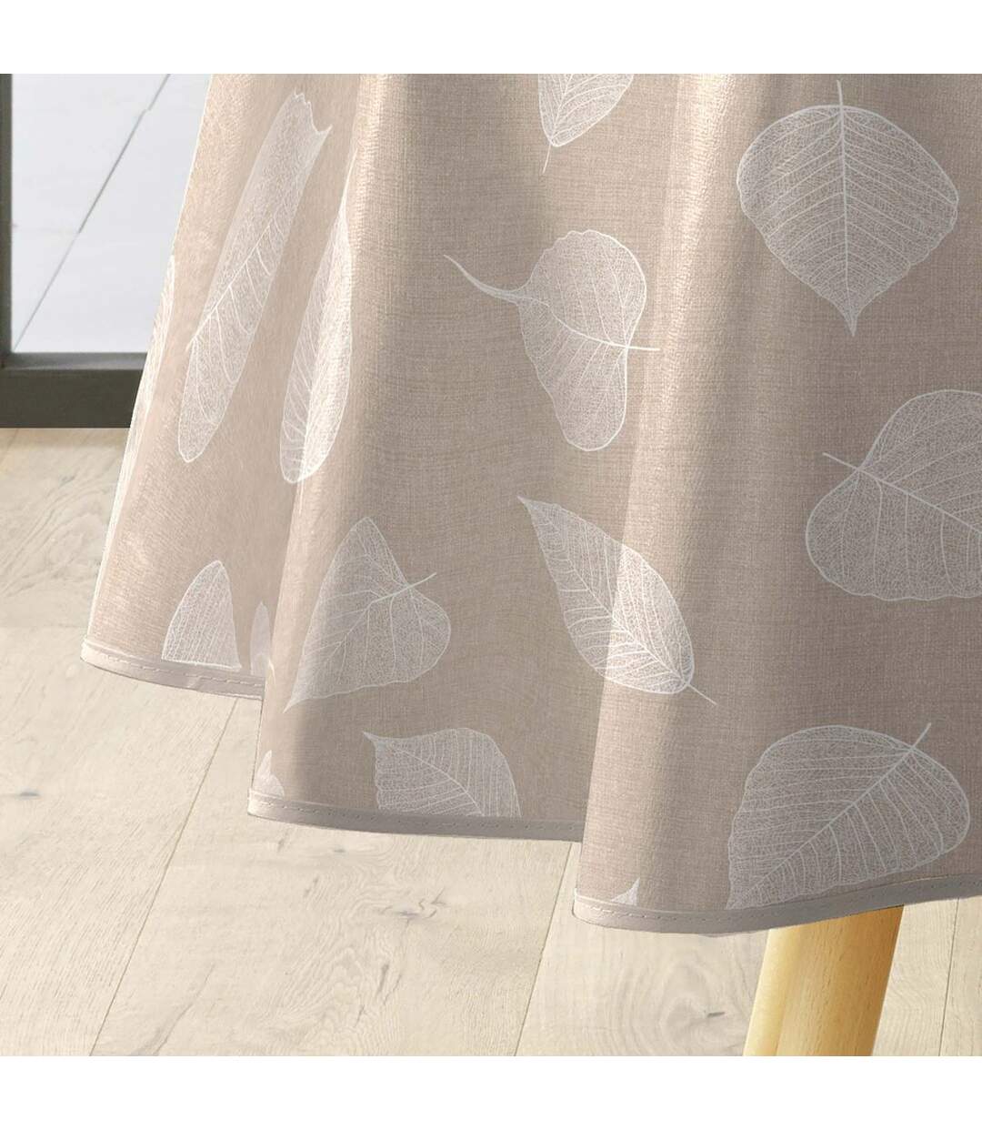 Nappe Toile Cirée Ronde Feuillys 160cm Beige Lin & Blanc-2