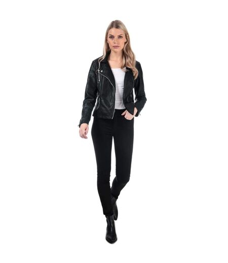 Womens/ladies Gemma Faux Leather Biker Jacket Black Only