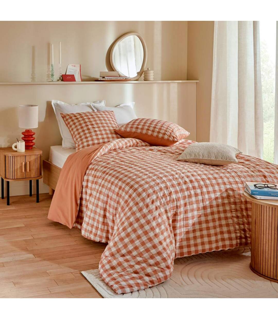 Parure de Lit 3 Pièces Vichy 240x220cm Terracotta-1