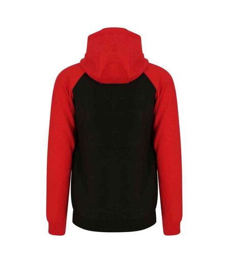 Womens/ladies raglan baseball full zip hoodie jet black/fire red Awdis