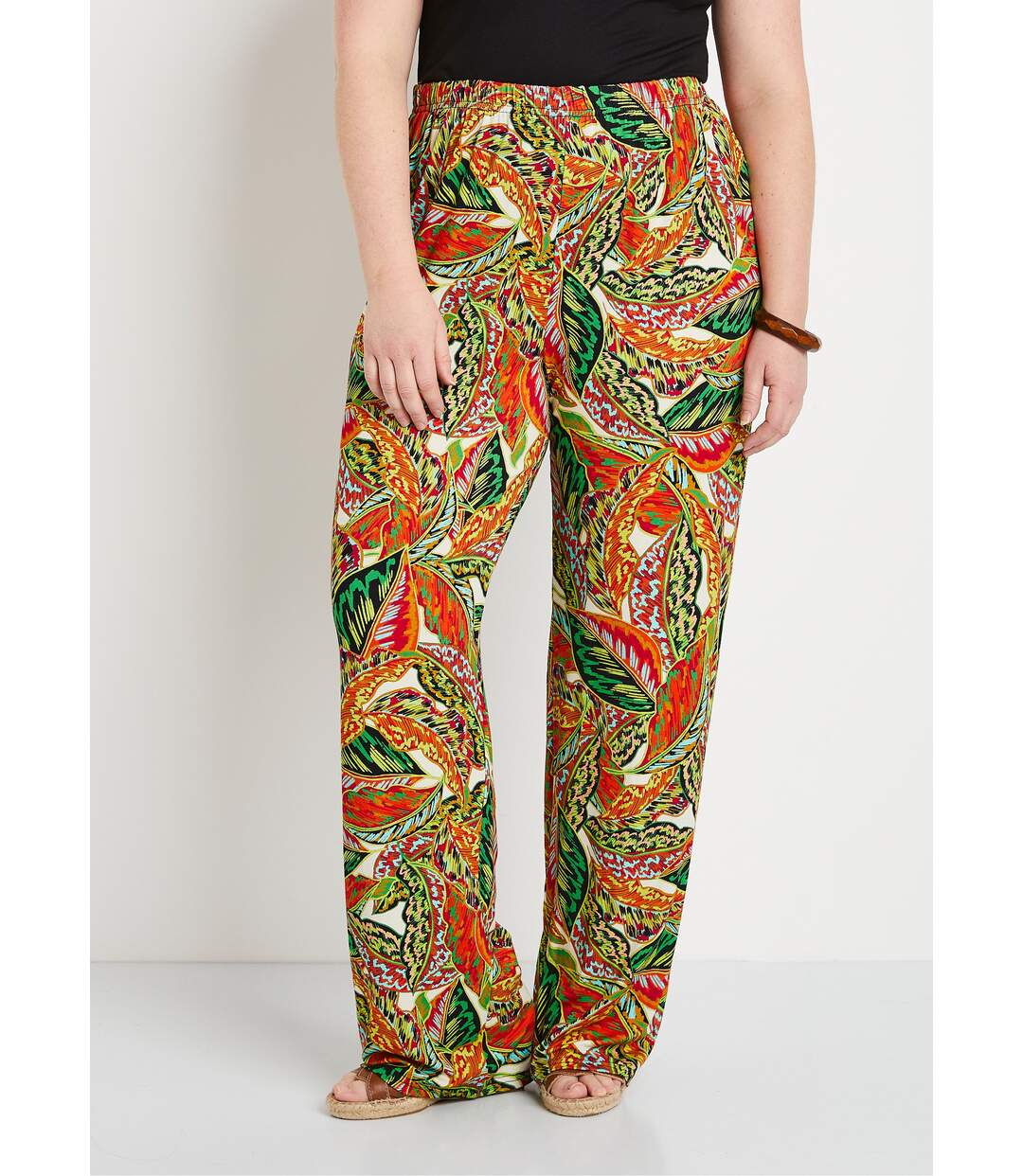 Pantalon ceinture élastiquée motif feuillage-1