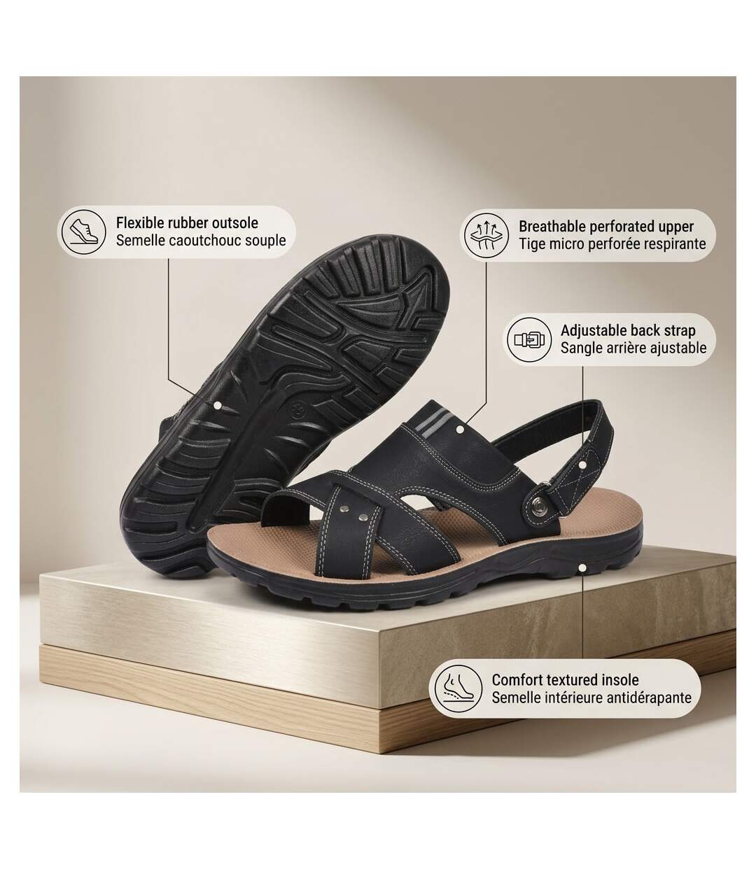 OZABI Sandales Homme Confort Semelle Souple Antiderapante Scratch 39-45-4