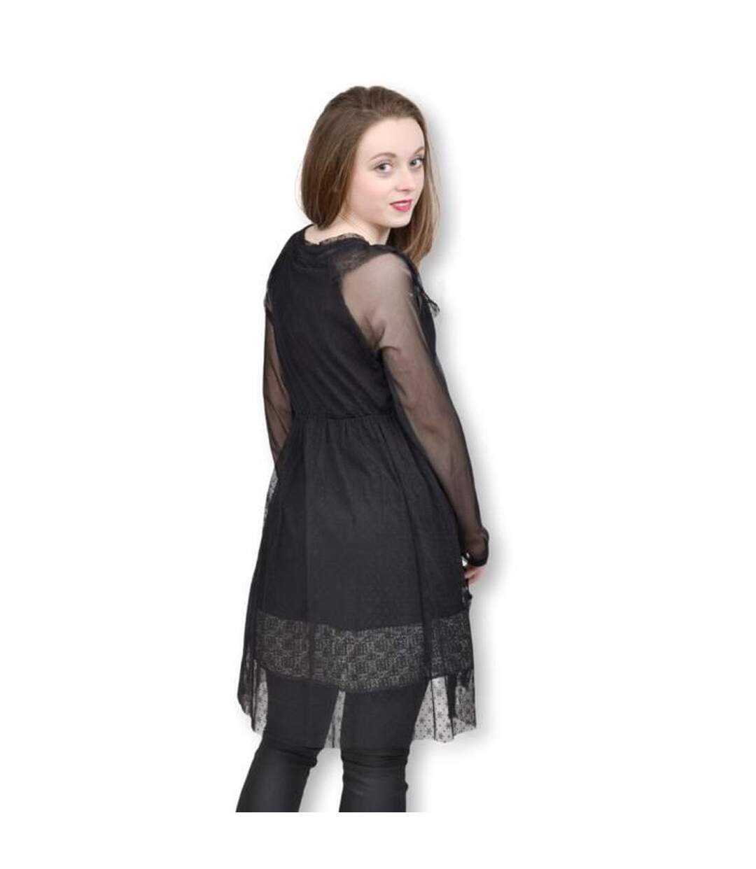 Robe femme imprimé manches en voile couleur noir-2