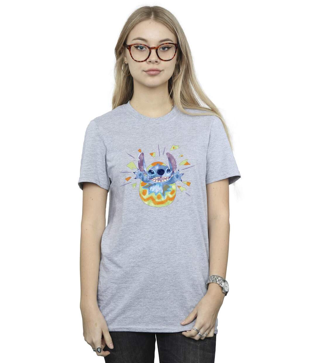 Disney T-shirt boyfriend en coton Femme/Ladies Lilo & Stitch Cracking Egg (Gris sportif) - UTBI30385-2