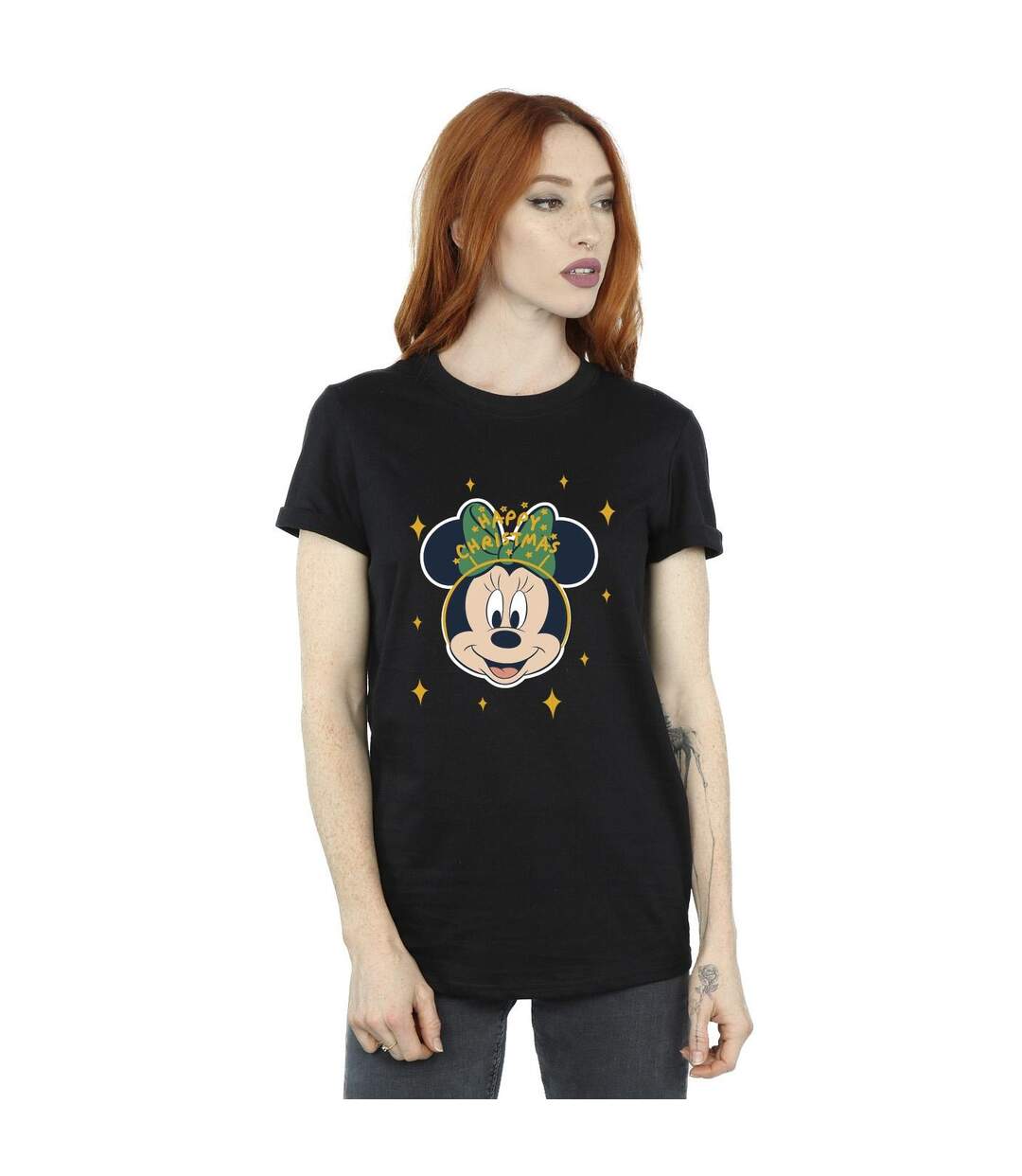 Disney Womens/Ladies Minnie Mouse Happy Christmas Cotton Boyfriend T-Shirt (Noir) - UTBI39247-2