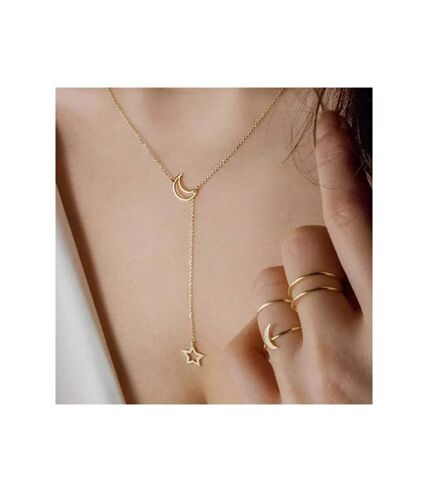 Long Slim Moon Star Drop Y Shape Moon Interlock Lariat Necklace