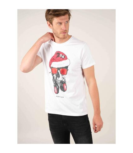 tshirt col rond avec tête de mort avec bonnet de père noël, lunettes rouges et casque audio XMAS