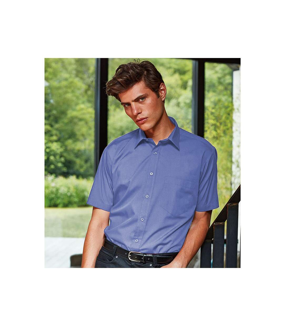 Mens short sleeve formal poplin plain work shirt mid blue Premier