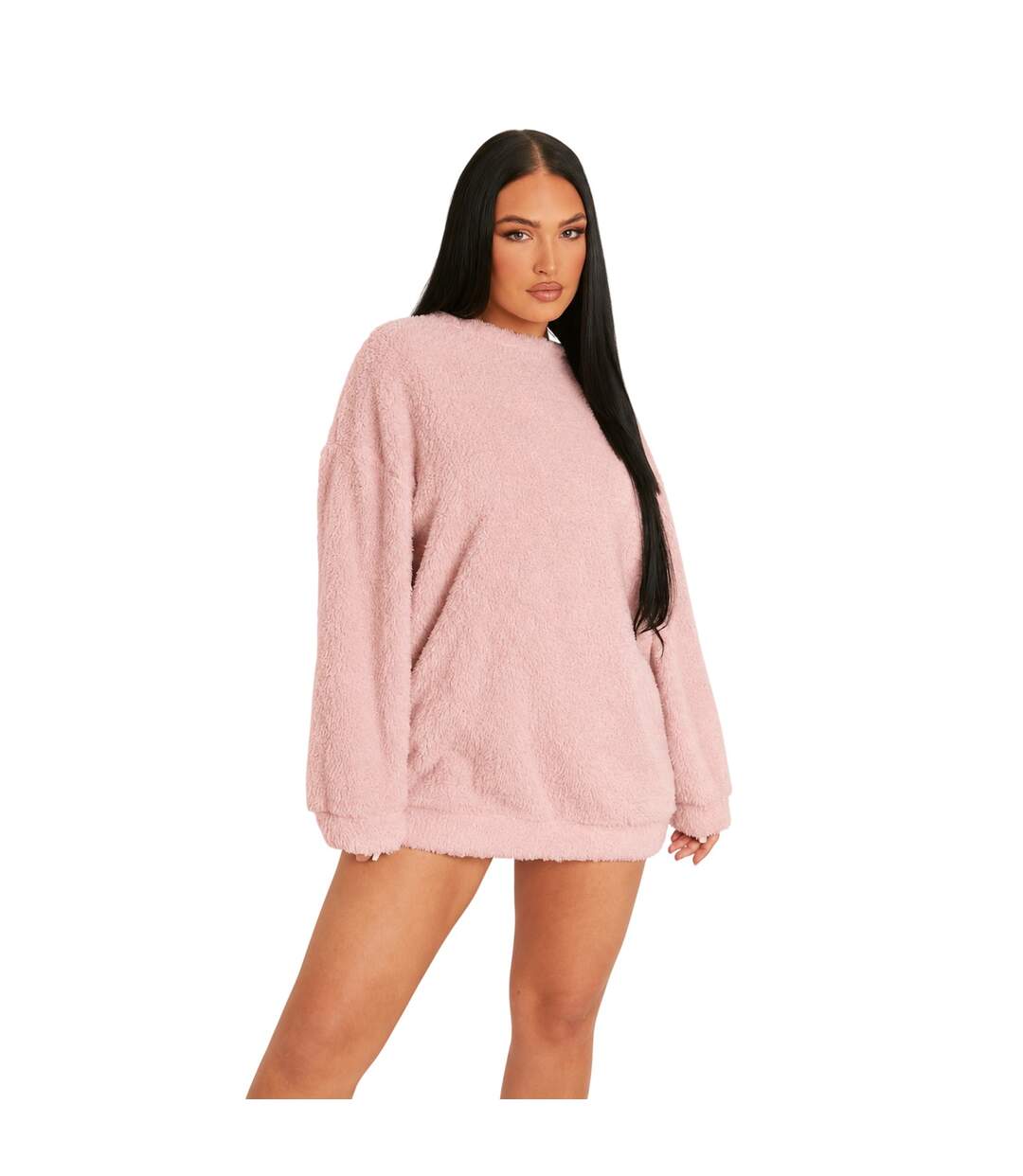 Womens/ladies Borg Jumper Dress Pink Missy Empire-3