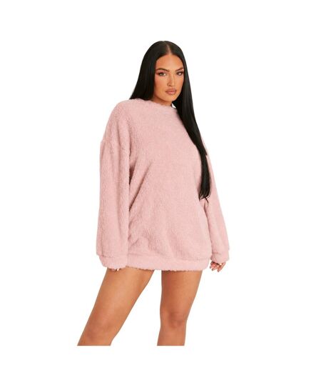 Womens/ladies Borg Jumper Dress Pink Missy Empire