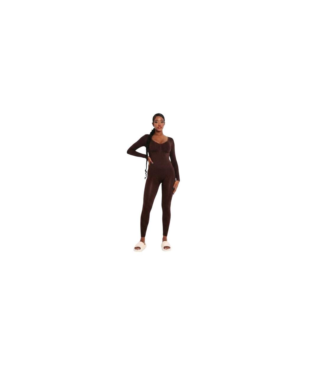 Womens/ladies Plunge Bodycon Long-sleeved Jumpsuit Chocolate Missy Empire-1