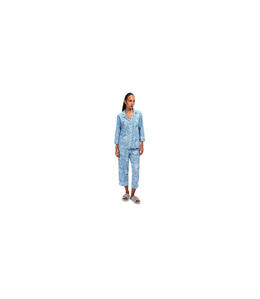 Ensemble De Pyjama Long Manches ¾ Motif/style Cachemire Femme Bleu Ralph Lauren-1
