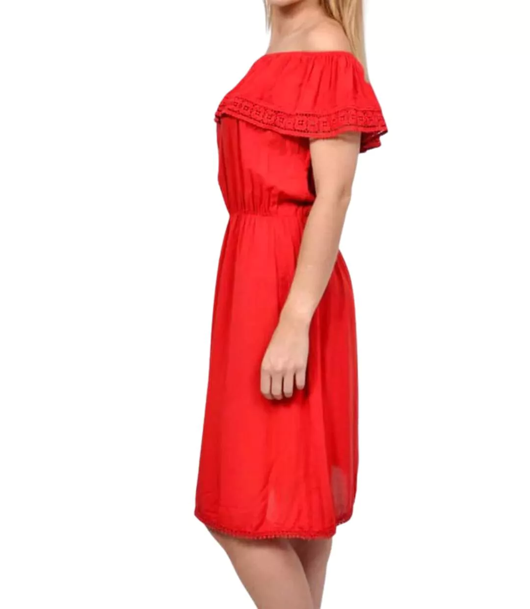 Robe été Femme Sans Manches Rouge avec Volants, Longueur Genou - Col Rond - élégance Décontractée-3