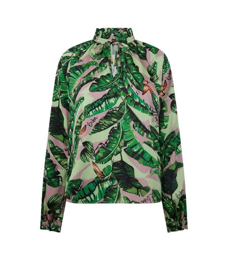 Womens/ladies Banana Leaf Satin Ruffle Neck Blouse Green Multicoloured Print Biba