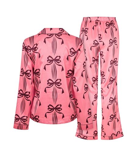 Womens/ladies Bow Long-sleeved Long Pyjama Set Pink Chelsea Peers