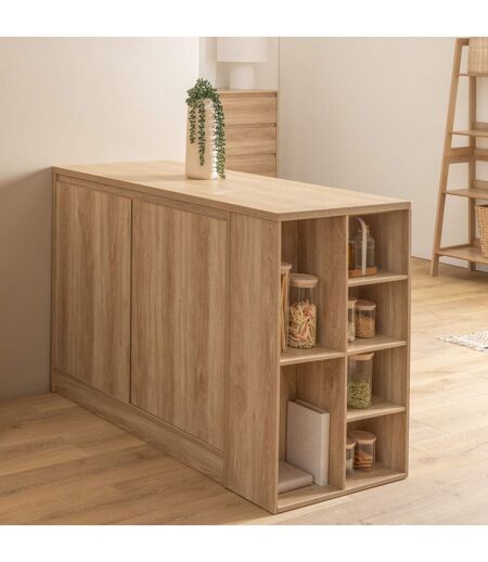 Ilot central 2 portes et 6 niches effet bois naturel ABANA - Beige