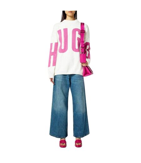 Womens/ladies Crew Neck Relaxed Fit Long-sleeved Jumper Natural Hugo