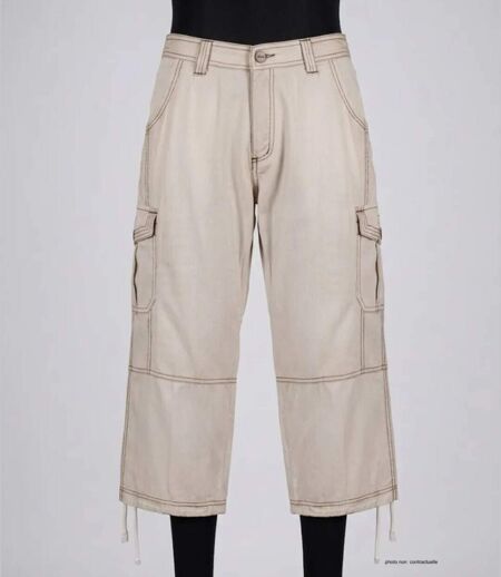 AXXANO AE1271B - Pantacourt femme à rayures beige et blanc en pur coton