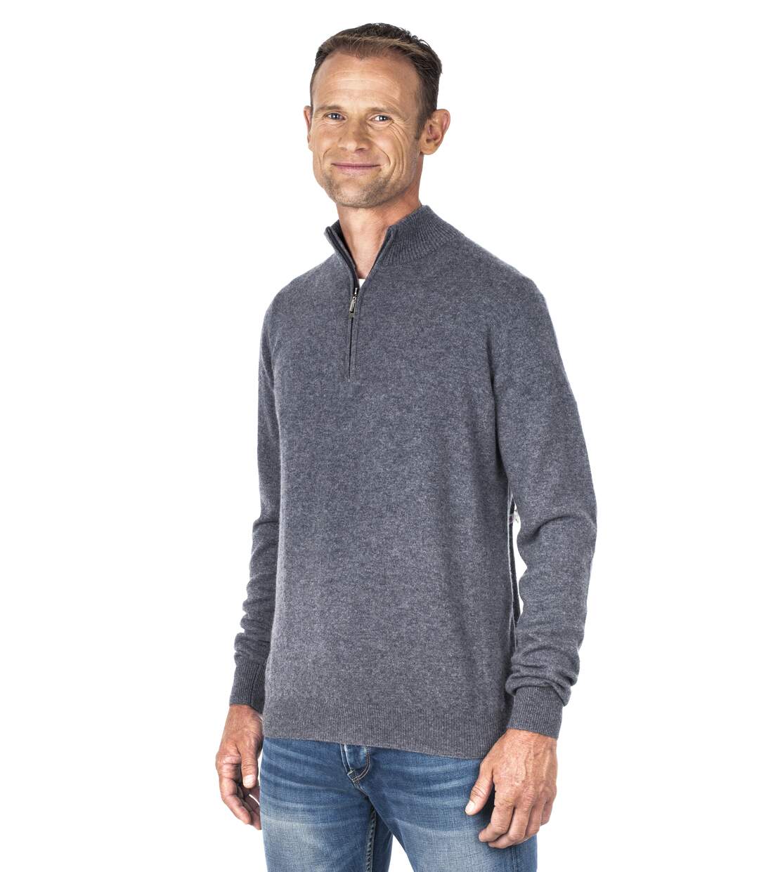 Pull camionneur cachemire homme col zippé gris