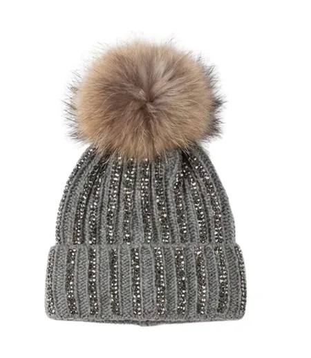 Bonnet Fashion Chic Femme avec Pompon en Fourrure et Strass - 100% Acrylique - Couleur Gris