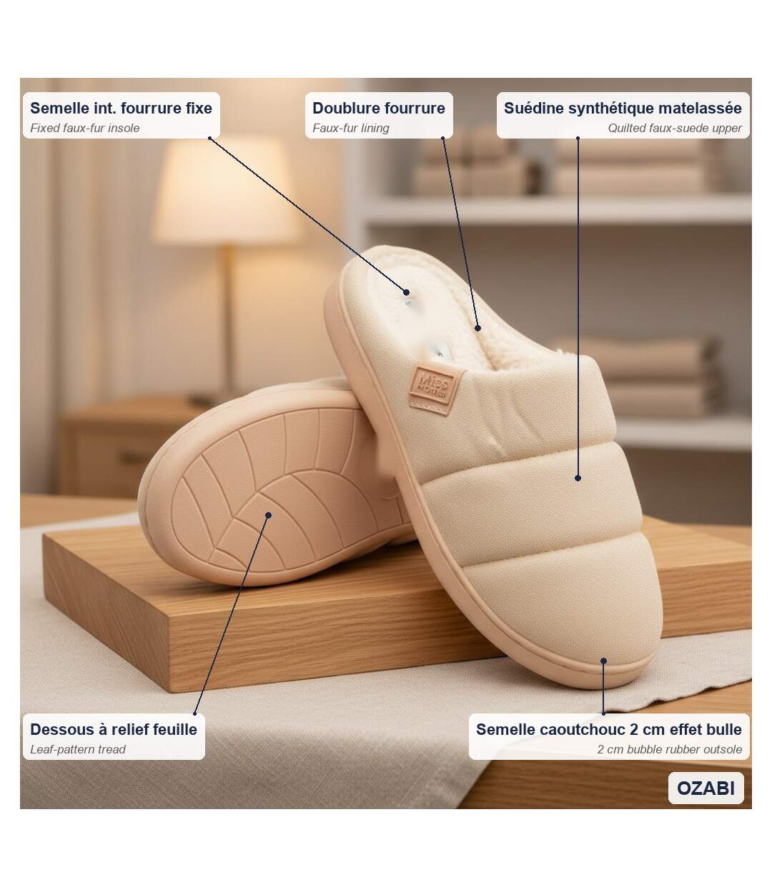 OZABI Mules Femme, Suédine Matelassée Effet Doudoune, Doublure Fourrure-4