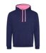 Womens/ladies varsity hoodie oxford navy/candyfloss pink Awdis