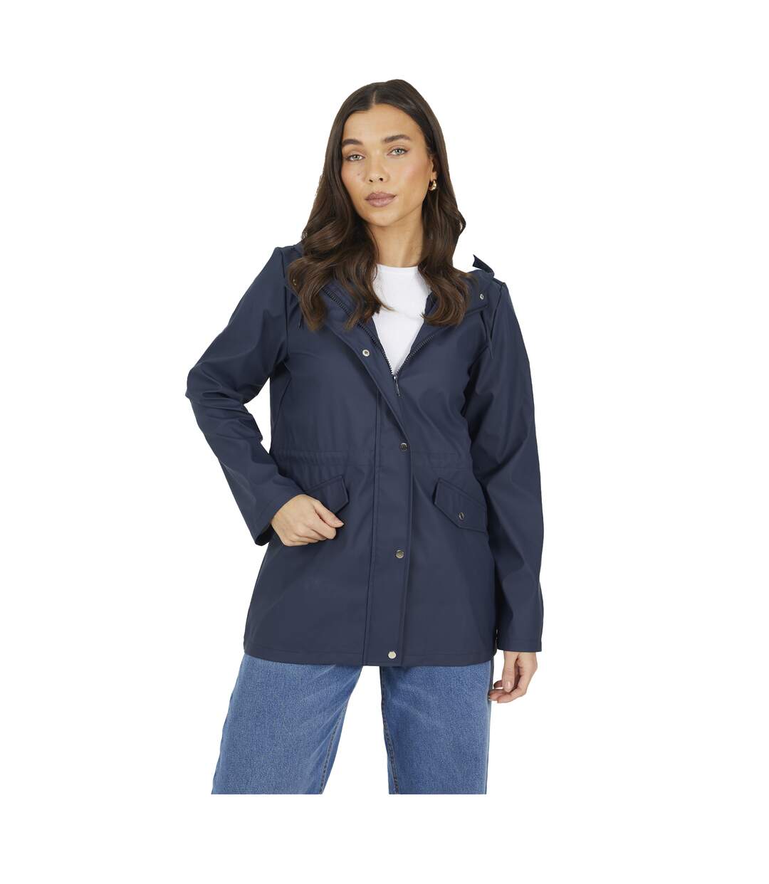 Womens/ladies Saffy Rubberised Hooded Mackintosh Navy Brave Soul-1