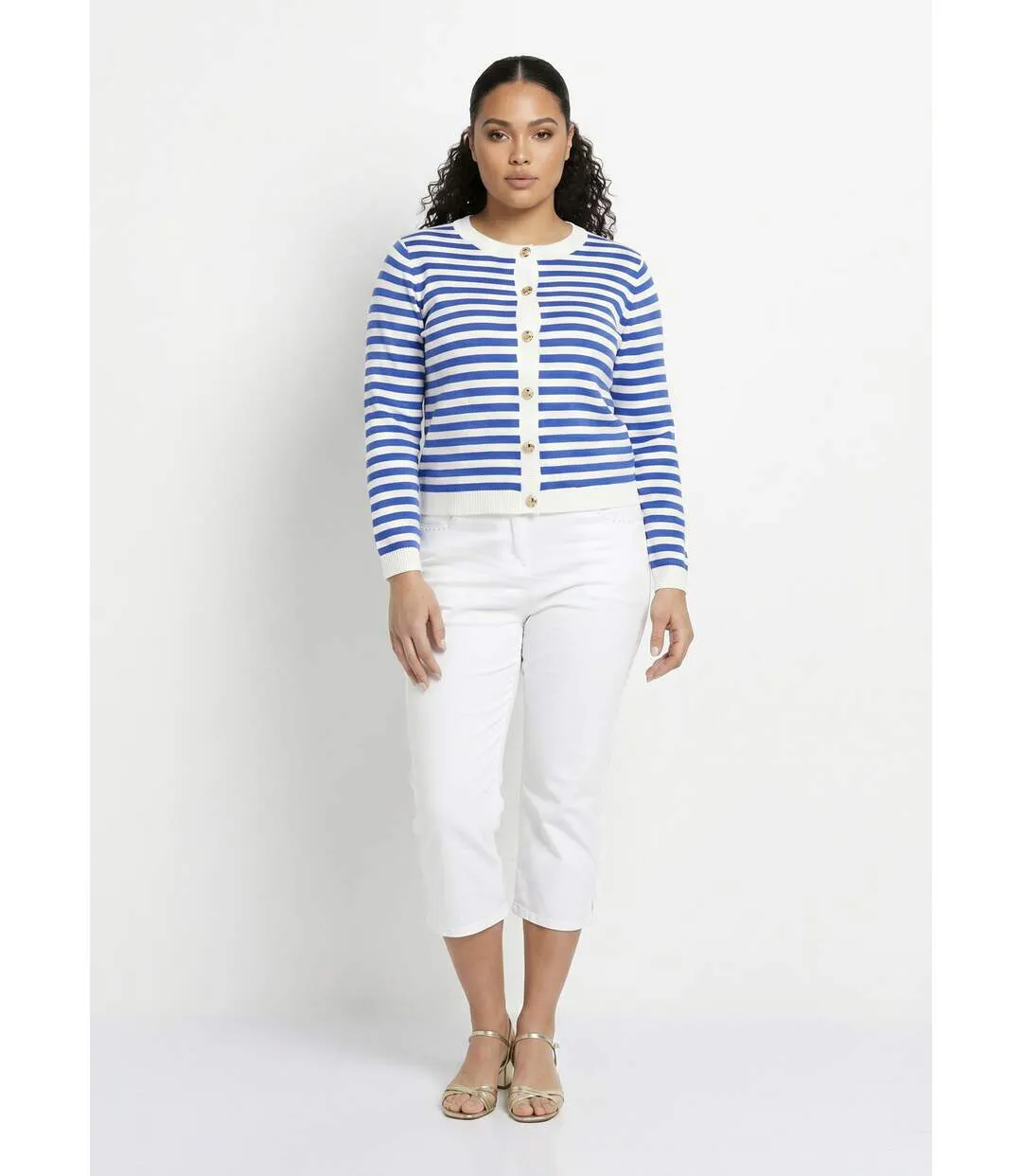 Gilet cardigan court col rond rayé boutonné-3