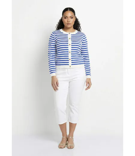 Gilet cardigan court col rond rayé boutonné